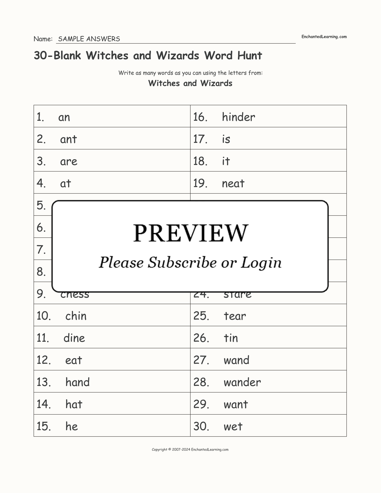 30-Blank Witches and Wizards Word Hunt interactive worksheet page 2