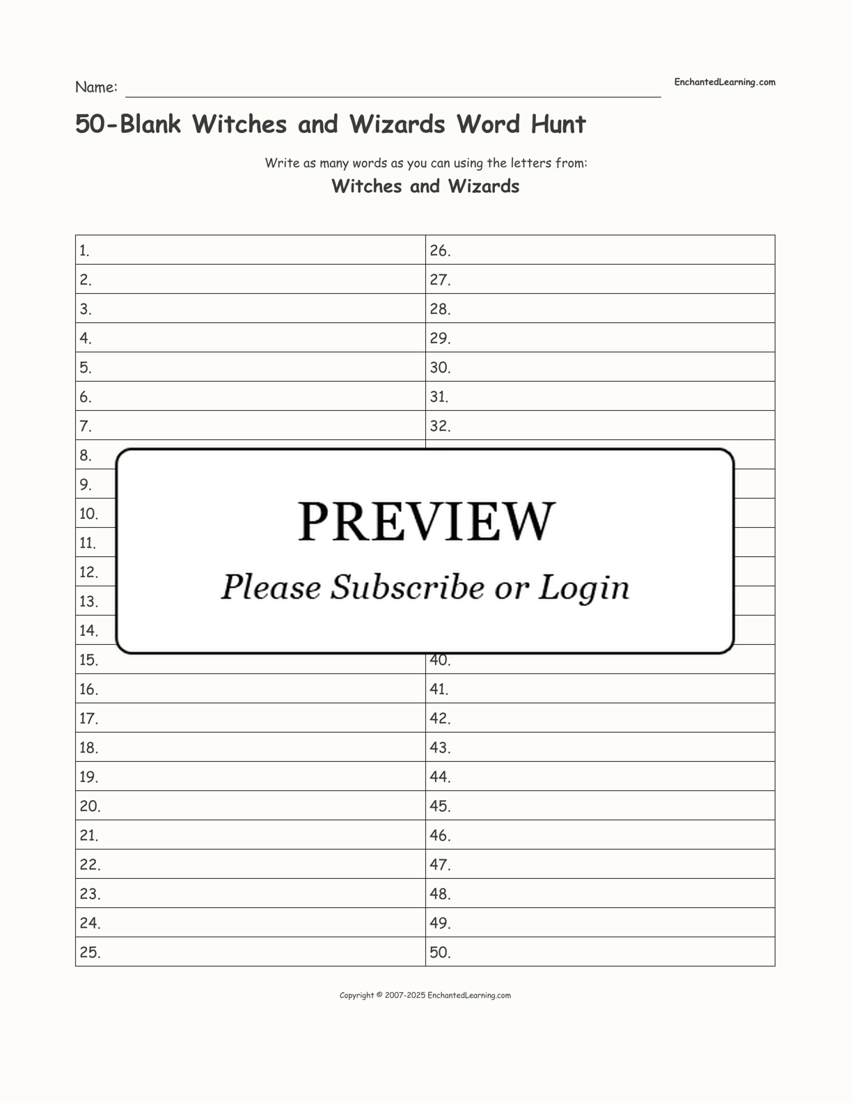 50-Blank Witches and Wizards Word Hunt interactive worksheet page 1