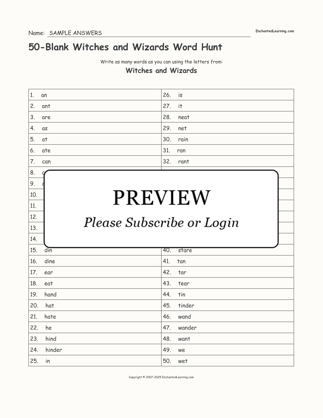 50-Blank Witches and Wizards Word Hunt interactive worksheet page 2