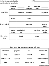 Search result: 'Idea Matrix Puzzle: Transportation Words -- Printable Worksheet'