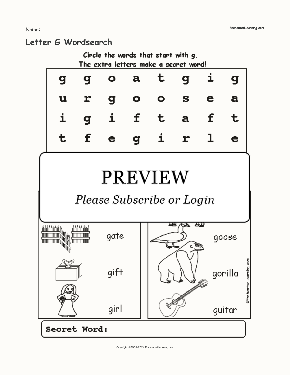 Letter G Wordsearch interactive worksheet page 1