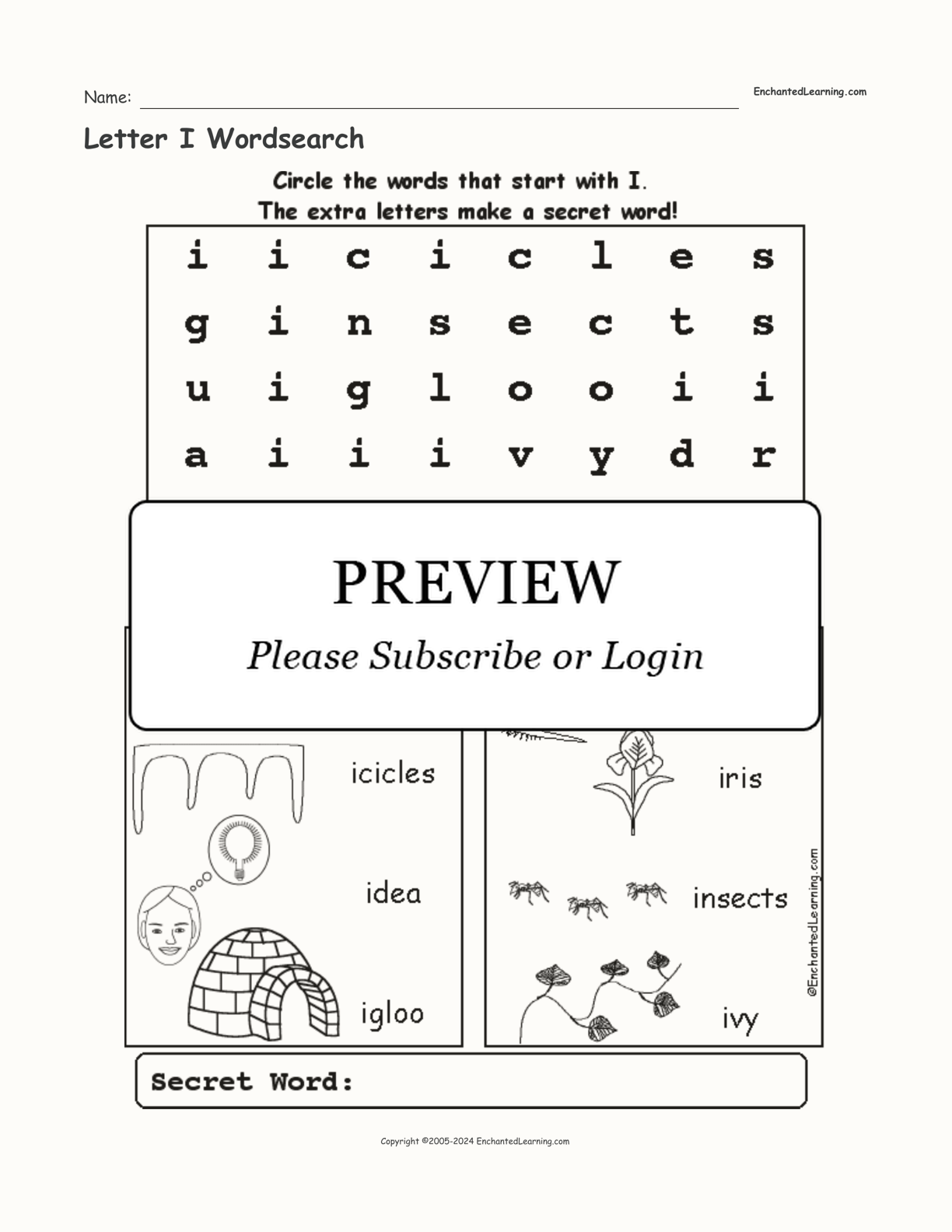 Letter I Wordsearch interactive worksheet page 1
