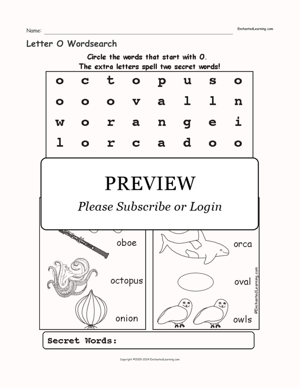 Letter O Wordsearch interactive worksheet page 1