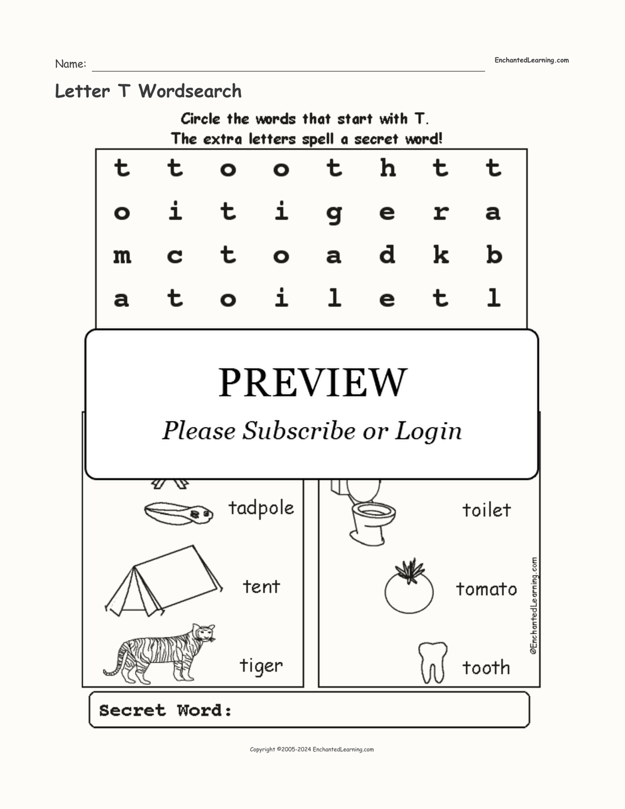 Letter T Wordsearch interactive worksheet page 1