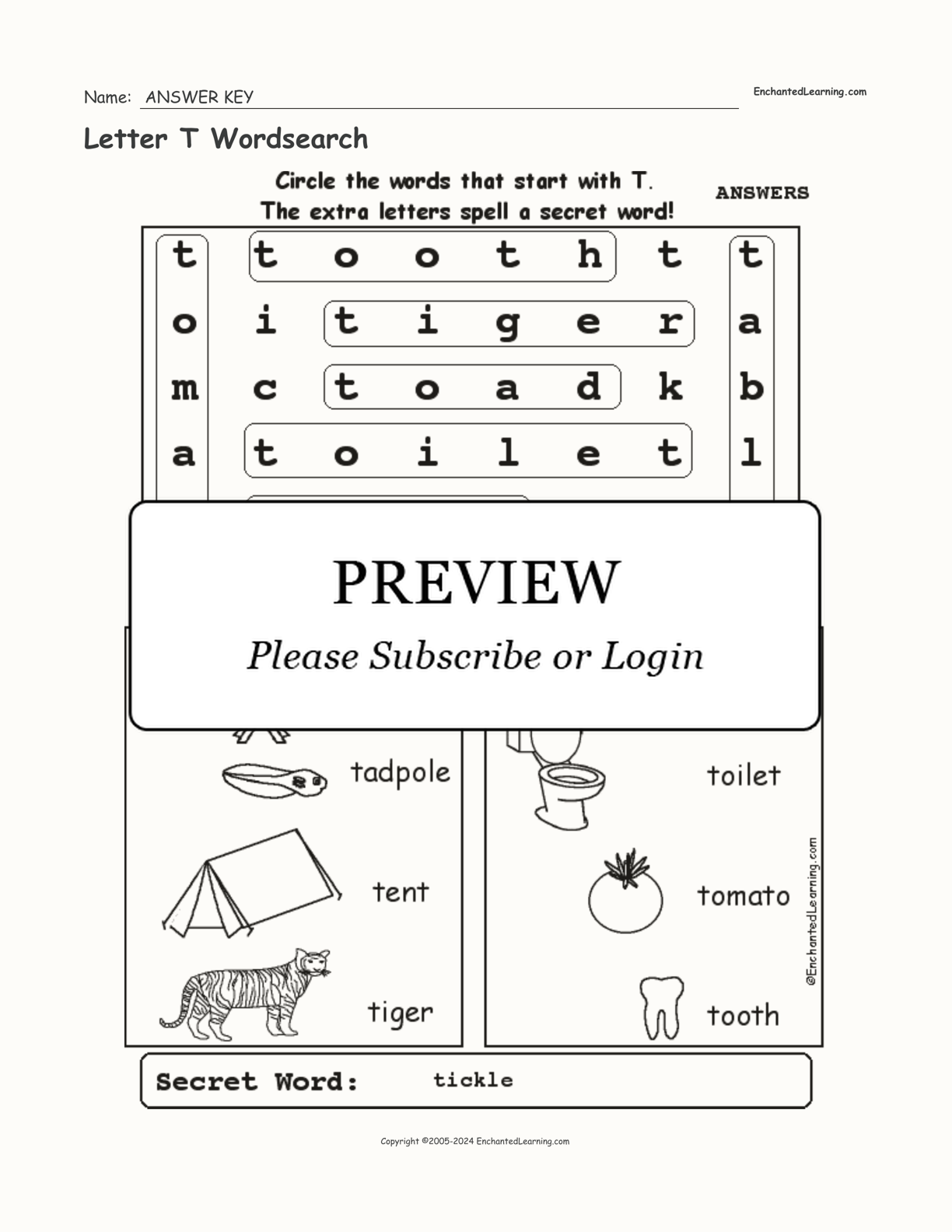 Letter T Wordsearch interactive worksheet page 2