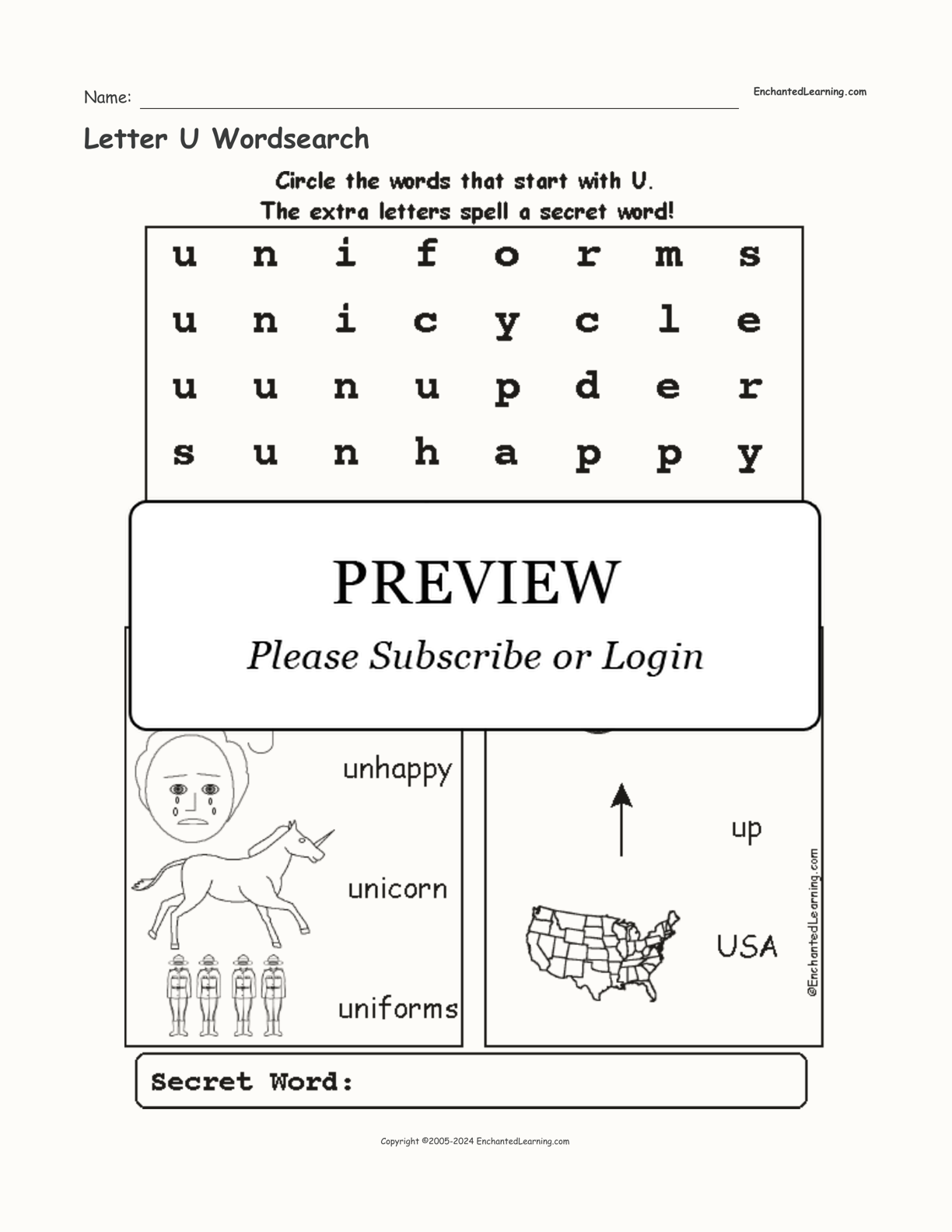 Letter U Wordsearch interactive worksheet page 1