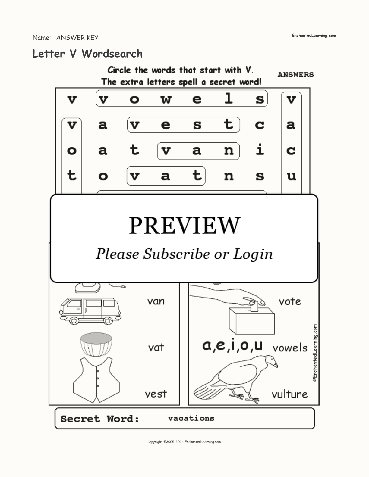 Letter V Wordsearch interactive worksheet page 2