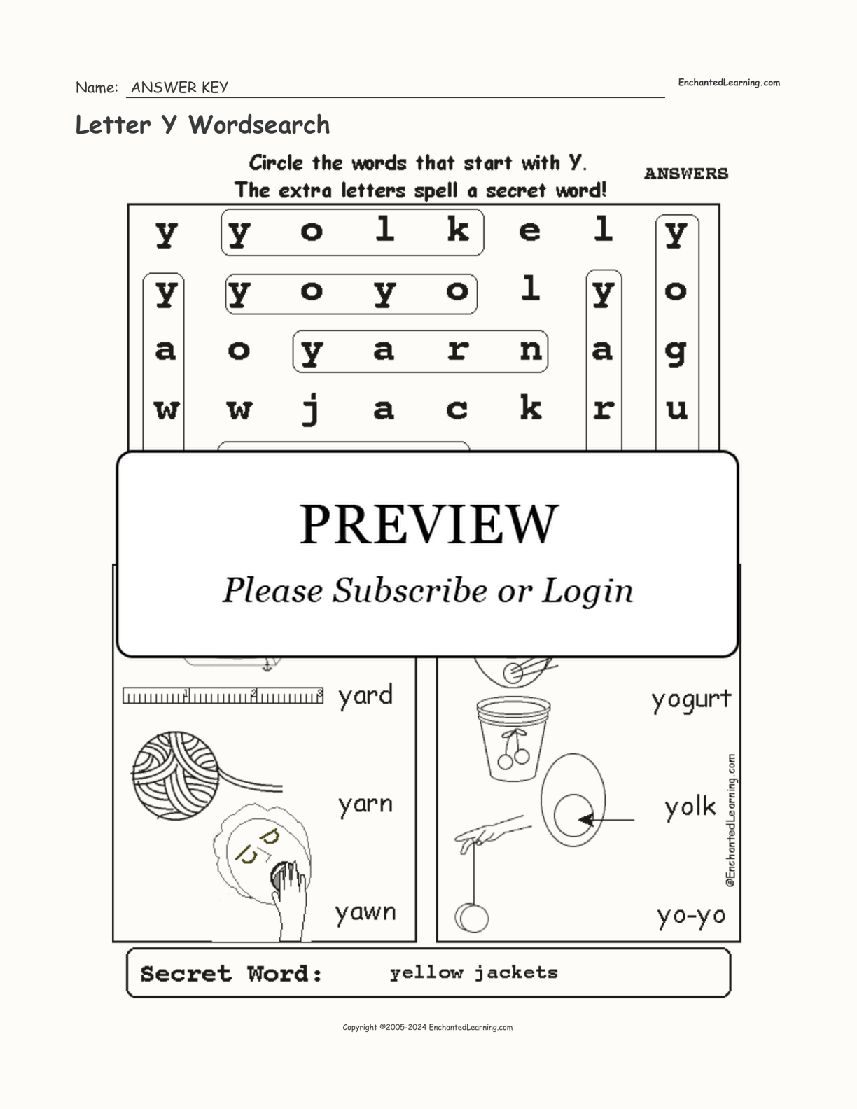 Letter Y Wordsearch interactive worksheet page 2