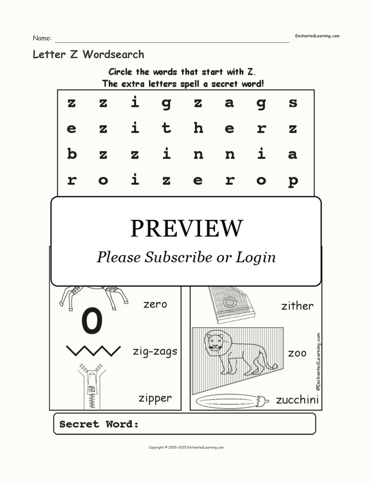 Letter Z Wordsearch Enchanted Learning