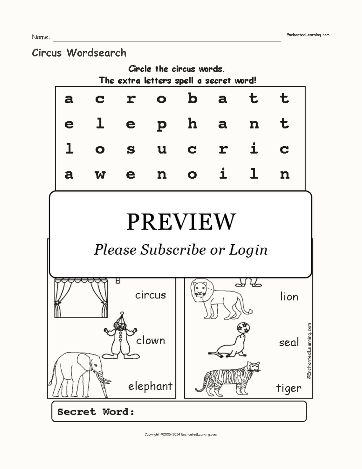 Circus Wordsearch interactive worksheet page 1