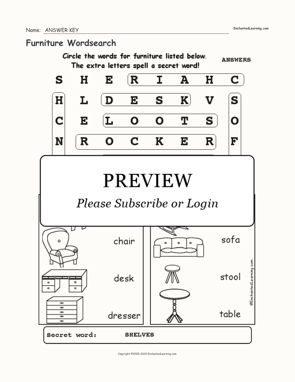 Furniture Wordsearch - Enchanted Learning