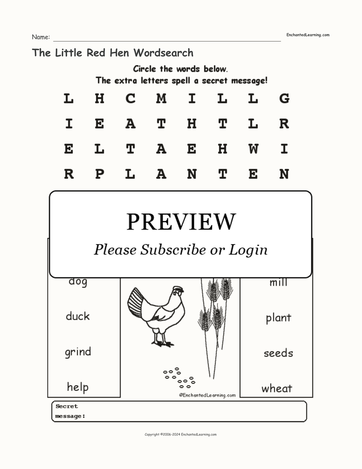 The Little Red Hen Wordsearch interactive worksheet page 1