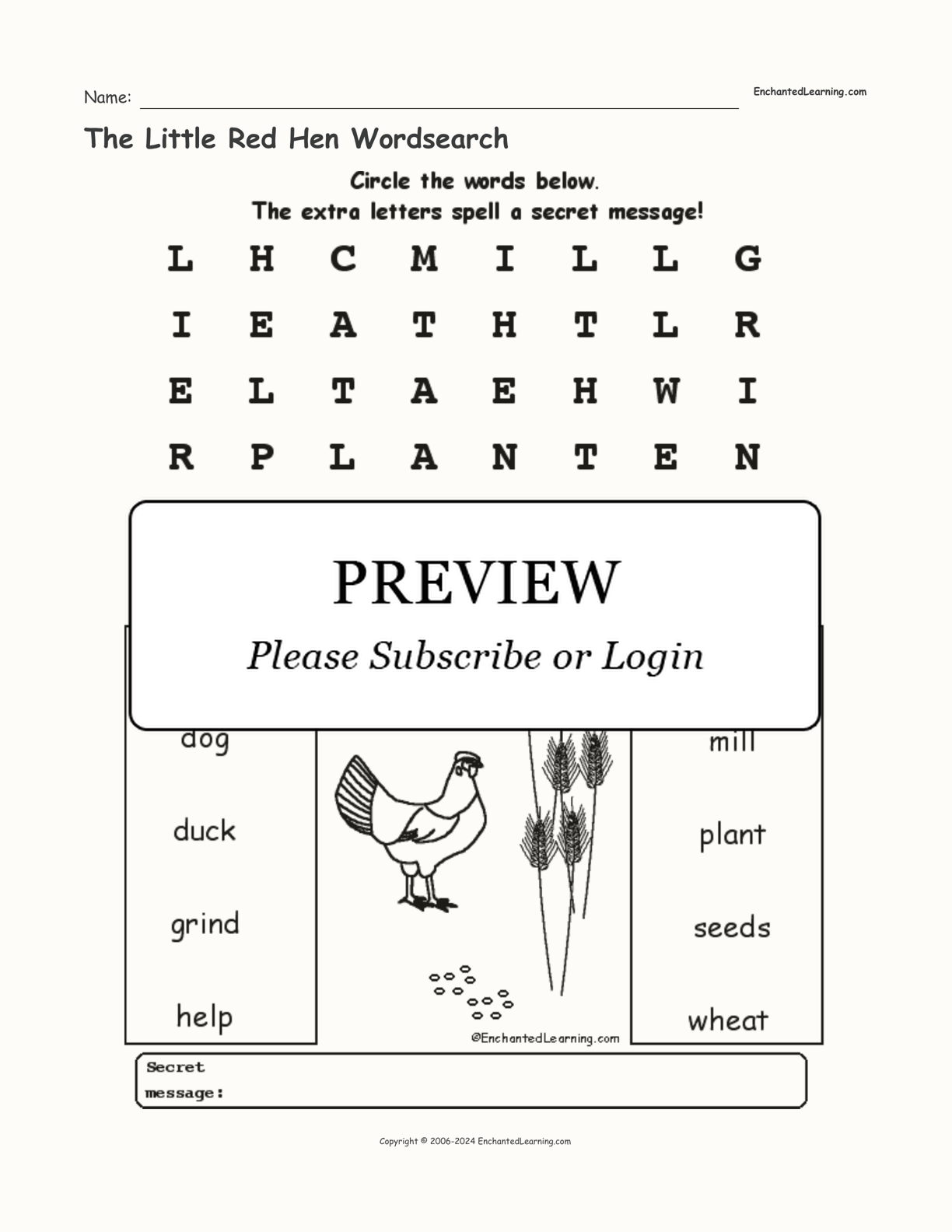 The Little Red Hen Wordsearch Enchanted Learning