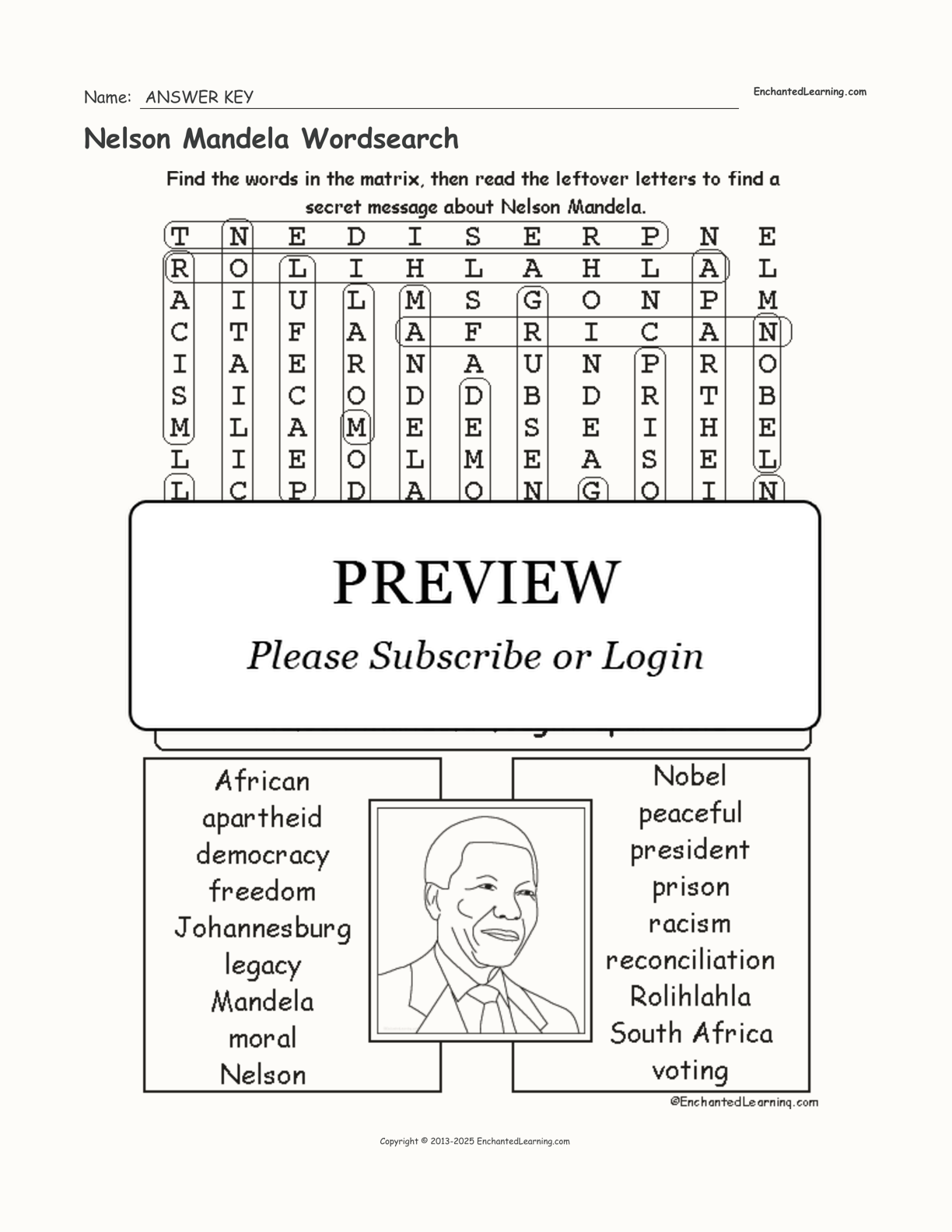 Nelson Mandela Wordsearch Enchanted Learning