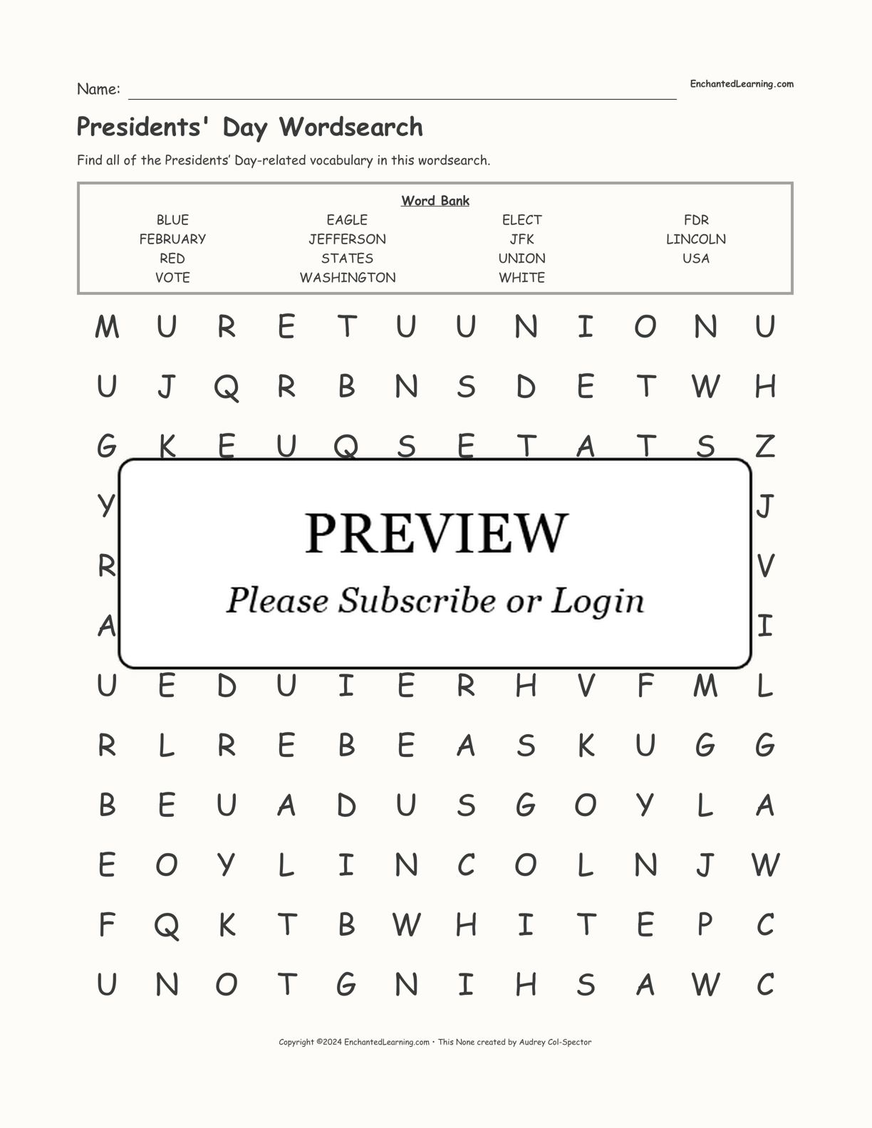 Presidents' Day Wordsearch interactive worksheet page 1