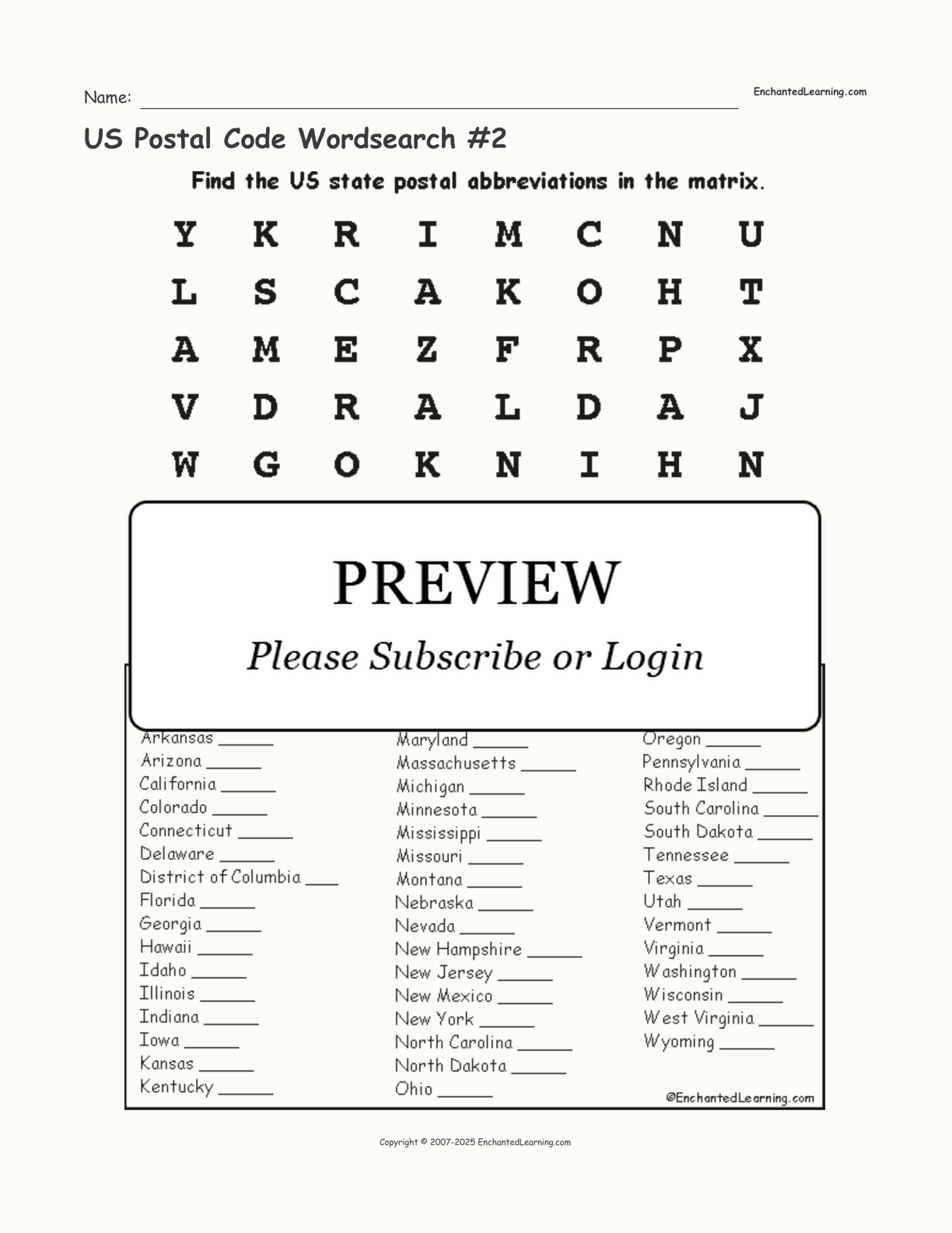 US Postal Code Wordsearch #2 interactive worksheet page 1