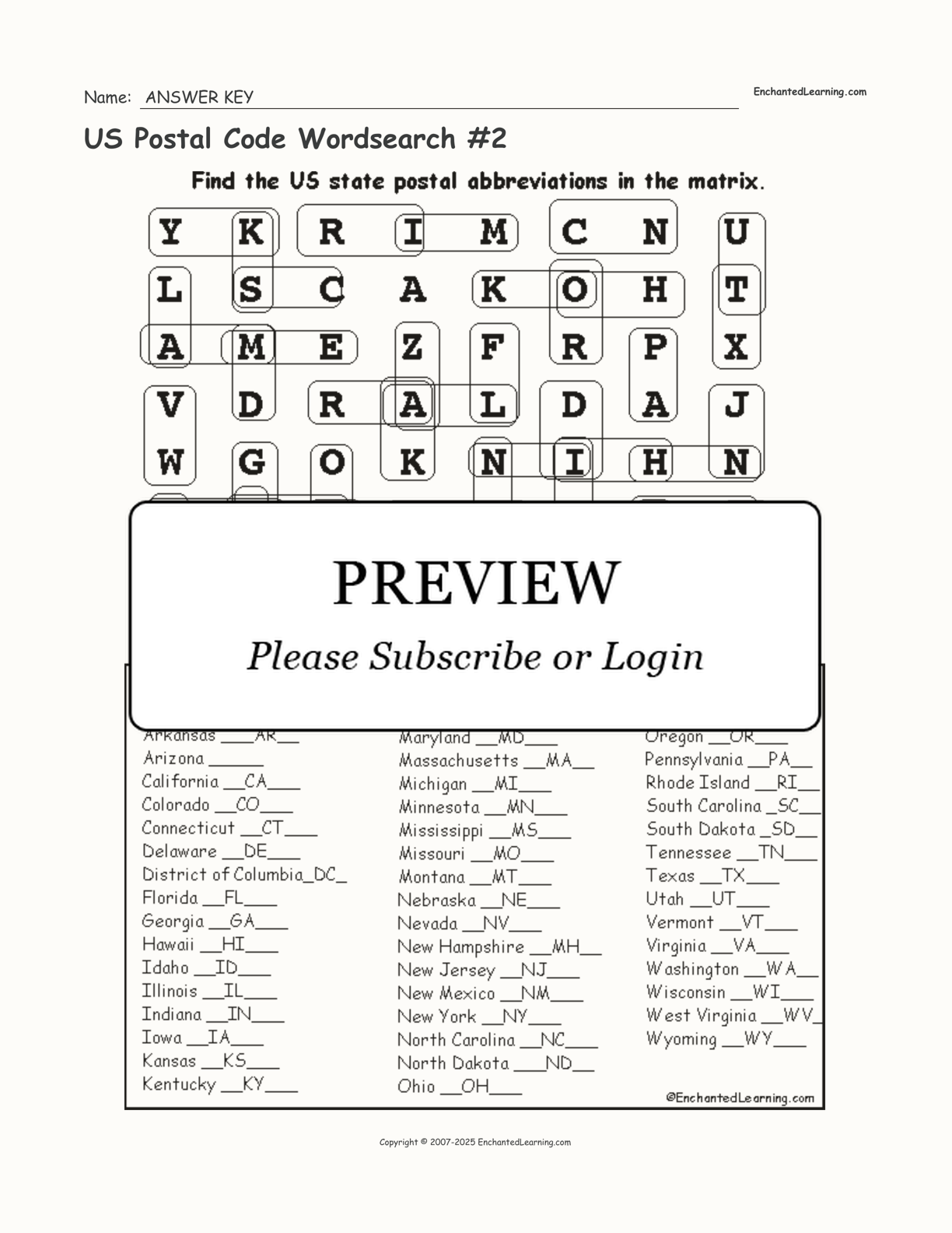 US Postal Code Wordsearch #2 interactive worksheet page 2