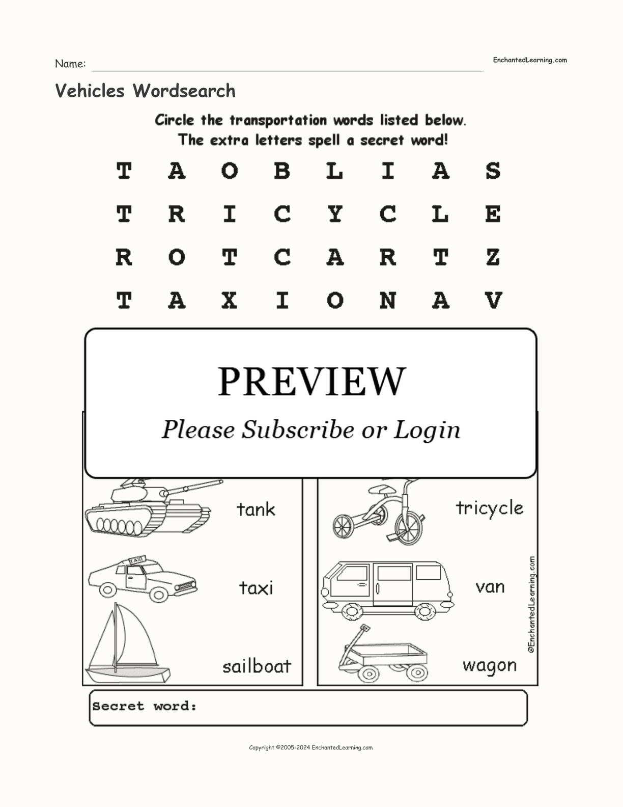 Vehicles Wordsearch interactive worksheet page 1