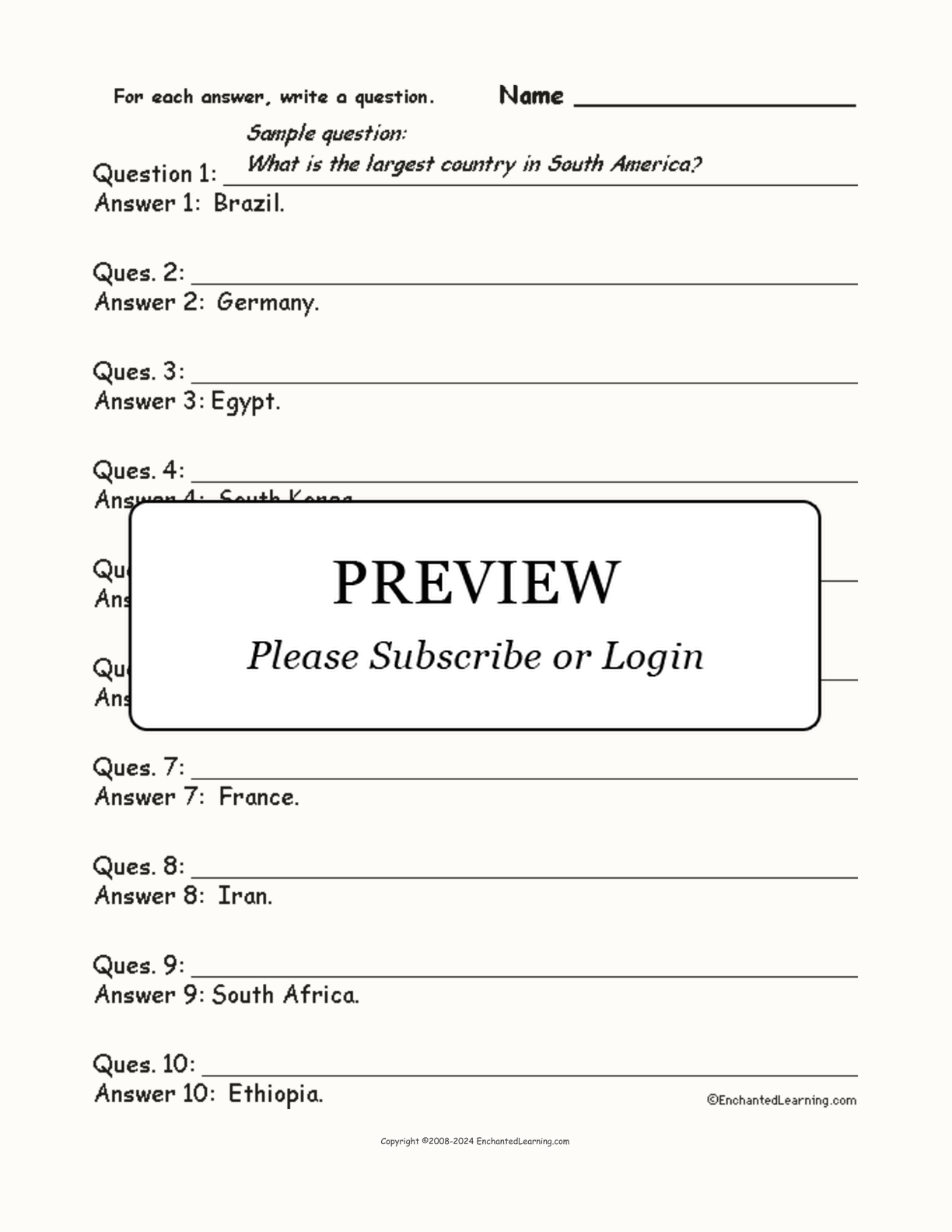 Countries #2: Write a Question for Each Answer interactive worksheet page 1