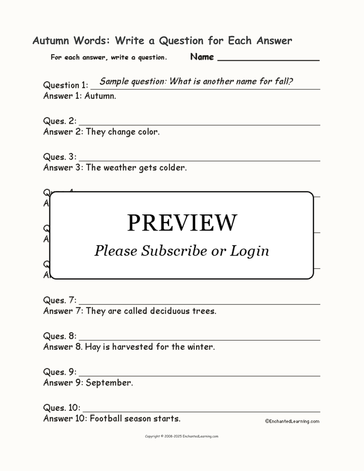 Autumn Words: Write a Question for Each Answer interactive worksheet page 1