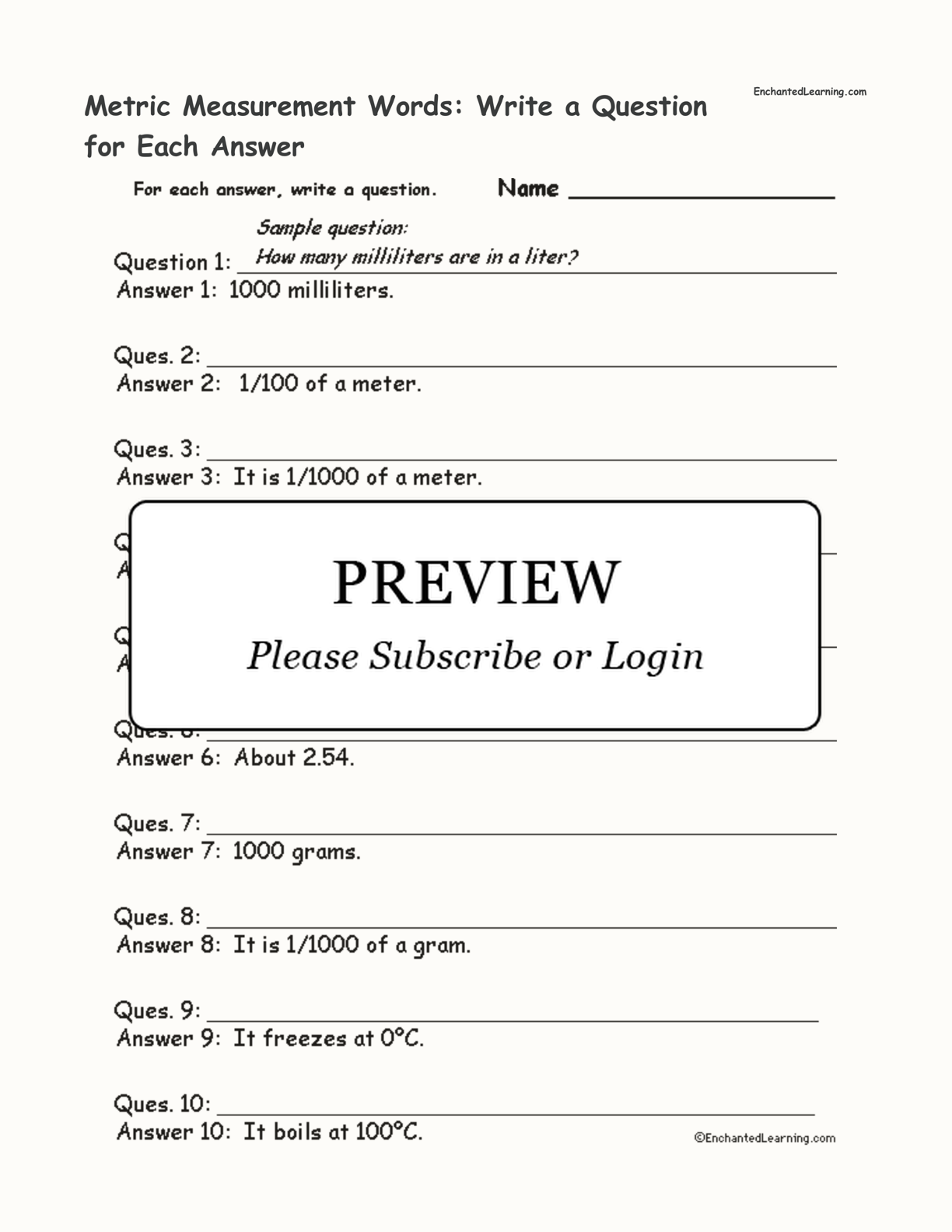 Metric Measurement Words: Write a Question for Each Answer interactive worksheet page 1