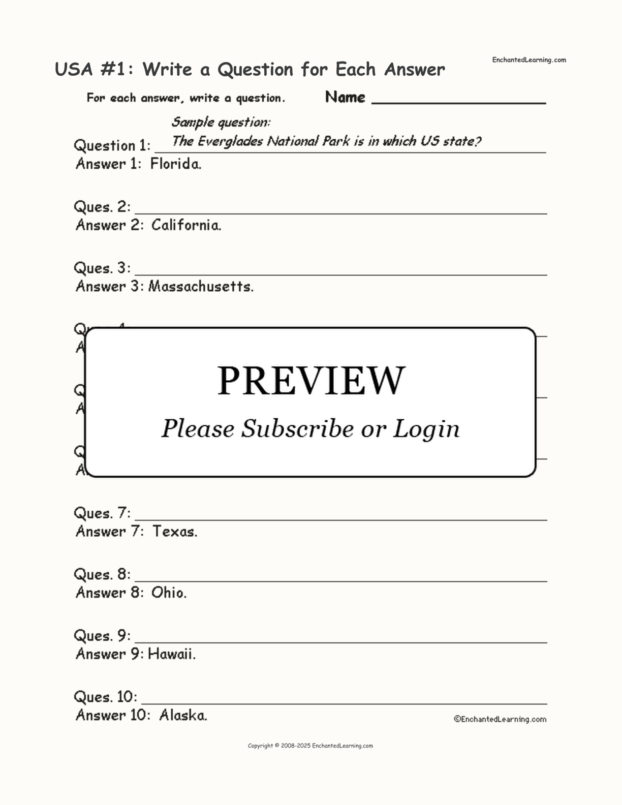 USA #1: Write a Question for Each Answer interactive worksheet page 1