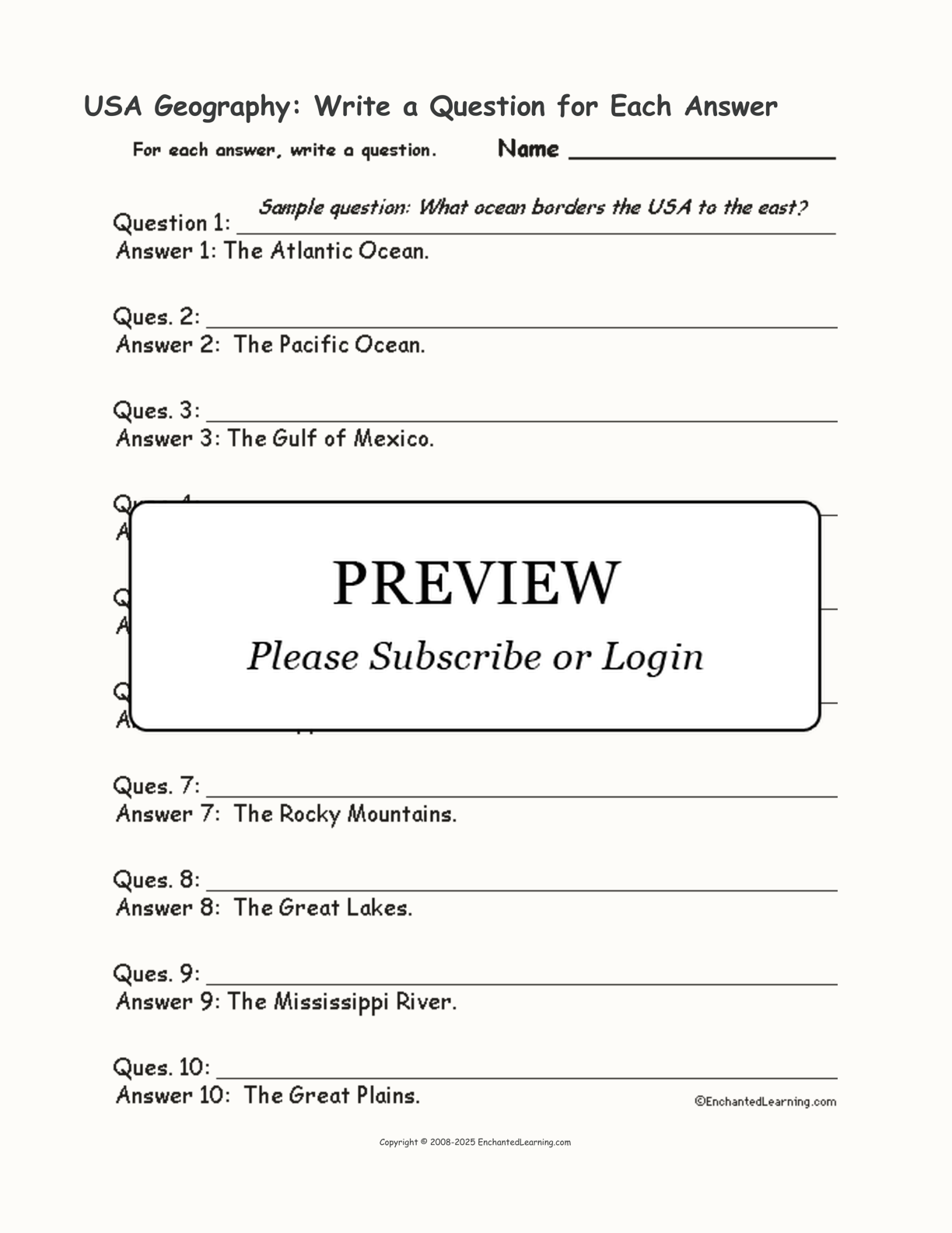 USA Geography: Write a Question for Each Answer interactive worksheet page 1