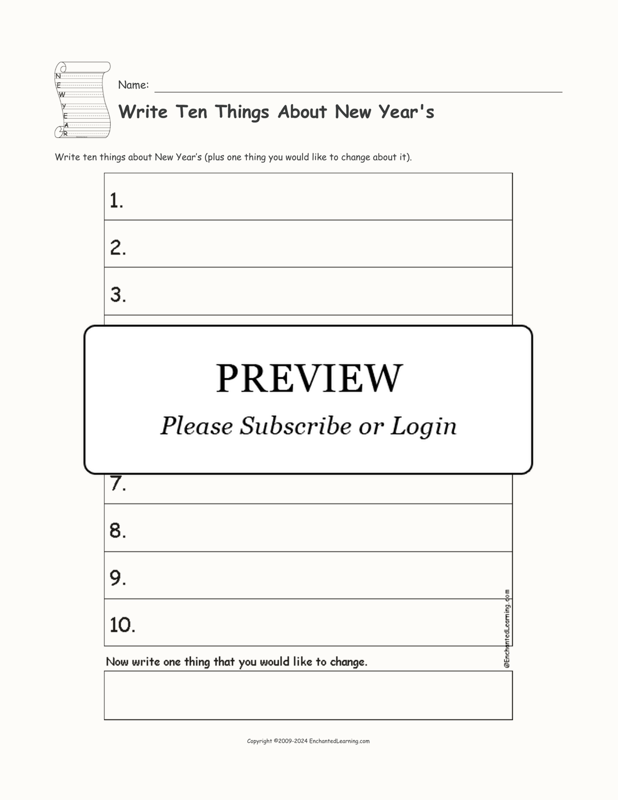 Write Ten Things About New Year's interactive printout page 1