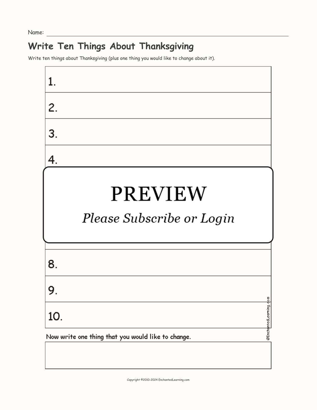 Write Ten Things About Thanksgiving interactive worksheet page 1